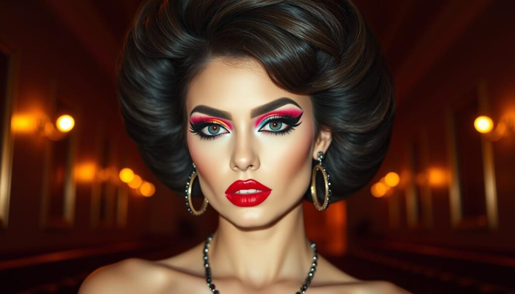 A retro-futuristic neon color palette explodes across the frame, evoking the bold, vibrant aesthetics of 1980s makeup. In the foreground, an array of geometric eyeshadow palettes, blush compacts, and lip glosses in a dazzling array of electric pinks, purples, blues, and greens. The middle ground features a model's face, half-obscured, capturing the dramatic application of these iconic '80s hues - sharp, graphic eyeliner, iridescent highlighter, and neon-tinged lip color. The background pulses with a grid of luminous, pulsating lines, creating a cyberpunk-inspired atmosphere. Dramatic lighting casts theatrical shadows, heightening the glamour and intensity of this quintessential 80s makeup aesthetic. Close-up of a model wearing bold 80s makeup with bright eyeshadow, thick eyeliner, and dramatic blush, capturing the vibrant energy of 80s beauty trends