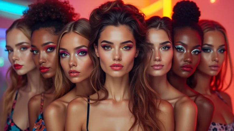 Models showcasing bold 80s makeup trends, including vibrant eyeshadow, dramatic eyeliner, bold brows, and bright lipstick, with a colorful retro background.