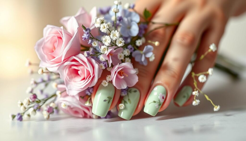 A beautifully composed spring-inspired nail art design. The foreground features a delicate bouquet of pastel-hued flowers - soft pink roses, lavender sprigs, and baby's breath - arranged artfully against a serene background. The nails are painted in a soft mint green, with subtle floral patterns gently brushed across the surface, capturing the essence of springtime. The lighting is warm and natural, casting a gentle glow and creating a sense of tranquility. The image is framed with a shallow depth of field, drawing the viewer's attention to the intricate nail details. An inviting and effortlessly elegant springtime nail design. A beautifully composed spring-inspired nail art design. The foreground features a delicate bouquet of pastel-hued flowers - soft pink roses, lavender sprigs, and baby's breath - arranged artfully against a serene background. The nails are painted in a soft mint green, with subtle floral patterns gently brushed across the surface, capturing the essence of springtime. The lighting is warm and natural, casting a gentle glow and creating a sense of tranquility. The image is framed with a shallow depth of field, drawing the viewer's attention to the intricate nail details. An inviting and effortlessly elegant springtime nail design.