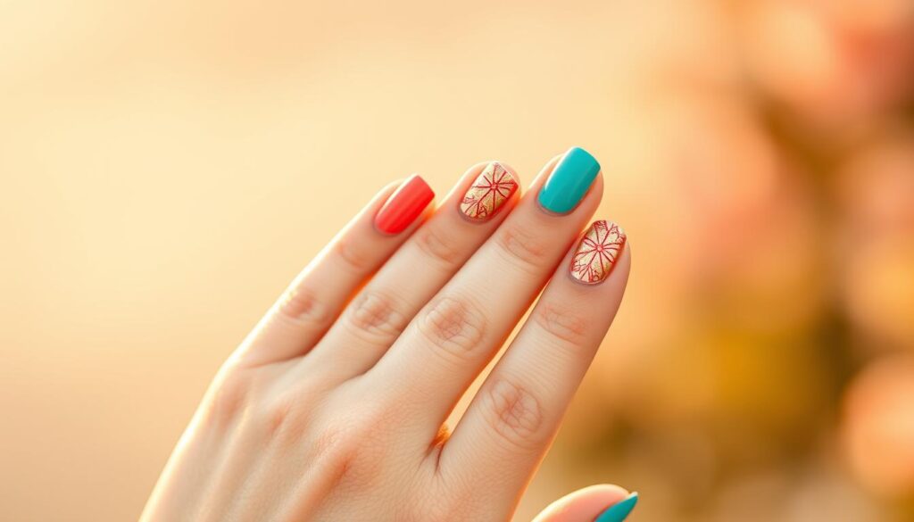 A beautifully manicured hand against a soft, blurred summer background. Delicate, intricate nail art patterns in vibrant summer hues - coral, turquoise, and gold - adorn each carefully shaped and polished nail. The lighting is warm and diffused, highlighting the textural depth of the nail design. The composition places the hand at a slight angle, drawing the viewer's eye to the intricate details. The overall mood is one of elegance, artistry, and the essence of carefree summer style. A beautifully manicured hand against a soft, blurred summer background. Delicate, intricate nail art patterns in vibrant summer hues - coral, turquoise, and gold - adorn each carefully shaped and polished nail. The lighting is warm and diffused, highlighting the textural depth of the nail design. The composition places the hand at a slight angle, drawing the viewer's eye to the intricate details. The overall mood is one of elegance, artistry, and the essence of carefree summer style.