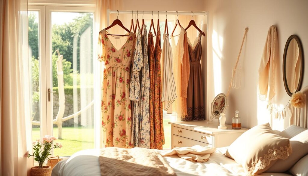 A bright, airy bedroom with a large window overlooking a lush garden. In the foreground, a neatly organized wardrobe showcases a variety of affordable yet stylish coquette-inspired pieces - flowing floral dresses, ruffled blouses, soft knit cardigans, and delicate lace accents. Sunlight filters in, casting a warm, romantic glow across the scene. In the middle ground, a vintage vanity holds an assortment of simple yet elegant accessories - pearl earrings, a lace-trimmed scarf, and a small perfume bottle. The background features a tranquil outdoor landscape, with blooming flowers and a gentle breeze swaying the trees. The overall atmosphere is one of effortless, budget-friendly femininity and charm. A bright, airy bedroom with a large window overlooking a lush garden. In the foreground, a neatly organized wardrobe showcases a variety of affordable yet stylish coquette-inspired pieces - flowing floral dresses, ruffled blouses, soft knit cardigans, and delicate lace accents. Sunlight filters in, casting a warm, romantic glow across the scene. In the middle ground, a vintage vanity holds an assortment of simple yet elegant accessories - pearl earrings, a lace-trimmed scarf, and a small perfume bottle. The background features a tranquil outdoor landscape, with blooming flowers and a gentle breeze swaying the trees. The overall atmosphere is one of effortless, budget-friendly femininity and charm.