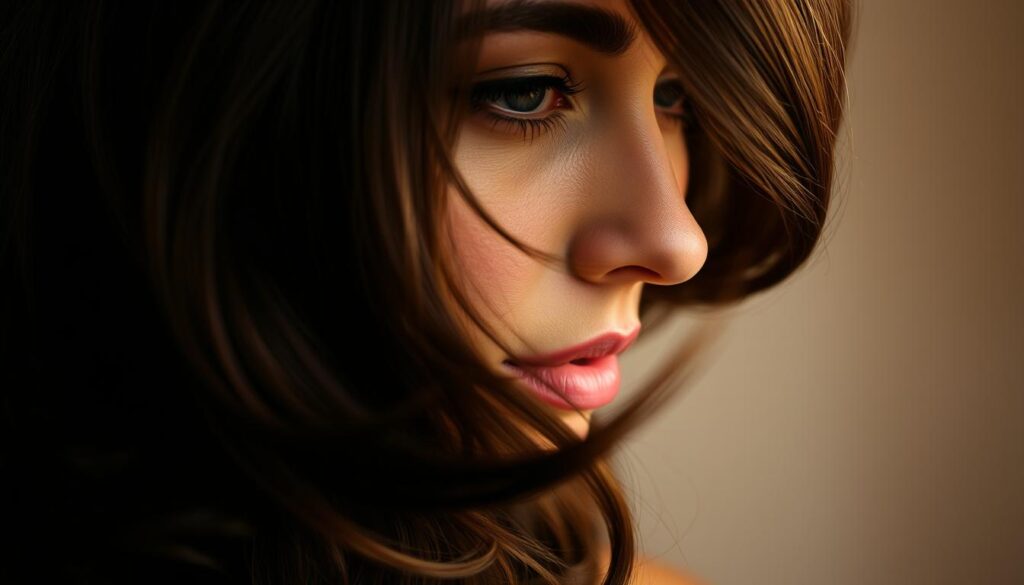 A close-up portrait of a woman with rich, dark brown hair styled in soft waves, her face partially obscured by tendrils falling delicately across her features. The lighting is warm and diffused, creating a sense of intimacy and highlighting the natural shine and luster of her healthy, vibrant hair. The background is out of focus, allowing the focus to remain on the subject's beautiful locks and the care taken in their styling and maintenance. The overall mood is one of quiet elegance and the subtle power of well-cared-for, deep brown hair. A close-up portrait of a woman with rich, dark brown hair styled in soft waves, her face partially obscured by tendrils falling delicately across her features. The lighting is warm and diffused, creating a sense of intimacy and highlighting the natural shine and luster of her healthy, vibrant hair. The background is out of focus, allowing the focus to remain on the subject's beautiful locks and the care taken in their styling and maintenance. The overall mood is one of quiet elegance and the subtle power of well-cared-for, deep brown hair.