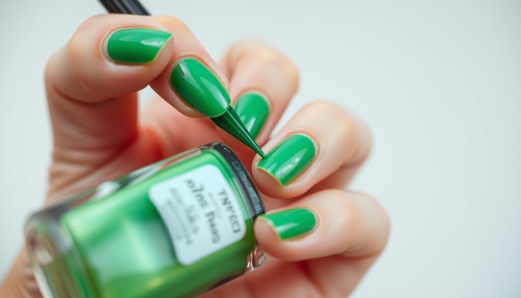 A close-up shot of a hand meticulously applying vibrant green nail polish, with a soft, diffused lighting that accentuates the subtle brushstrokes and the glistening, wet finish. The nail polish bottle is visible in the foreground, its label prominently displayed. In the background, a neutral, blurred surface provides a clean, minimalist backdrop, allowing the focus to remain on the delicate nail polish application technique. A close-up shot of a hand meticulously applying vibrant green nail polish, with a soft, diffused lighting that accentuates the subtle brushstrokes and the glistening, wet finish. The nail polish bottle is visible in the foreground, its label prominently displayed. In the background, a neutral, blurred surface provides a clean, minimalist backdrop, allowing the focus to remain on the delicate nail polish application technique.