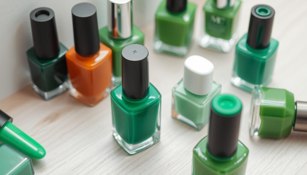 A close-up shot of vibrant green nail polish bottles arranged on a light-colored wooden surface. The bottles are of various shapes and sizes, capturing the diversity of seasonal green shades. Soft, diffused lighting illuminates the scene, highlighting the glossy texture and depth of color in the polish. The bottles are placed at an angle, creating a dynamic, almost architectural composition. The background is slightly blurred, allowing the nail polish to be the focal point. An elegant, chic atmosphere pervades the image, reflecting the refined aesthetic of the featured green nail polish trends. A close-up shot of vibrant green nail polish bottles arranged on a light-colored wooden surface. The bottles are of various shapes and sizes, capturing the diversity of seasonal green shades. Soft, diffused lighting illuminates the scene, highlighting the glossy texture and depth of color in the polish. The bottles are placed at an angle, creating a dynamic, almost architectural composition. The background is slightly blurred, allowing the nail polish to be the focal point. An elegant, chic atmosphere pervades the image, reflecting the refined aesthetic of the featured green nail polish trends.