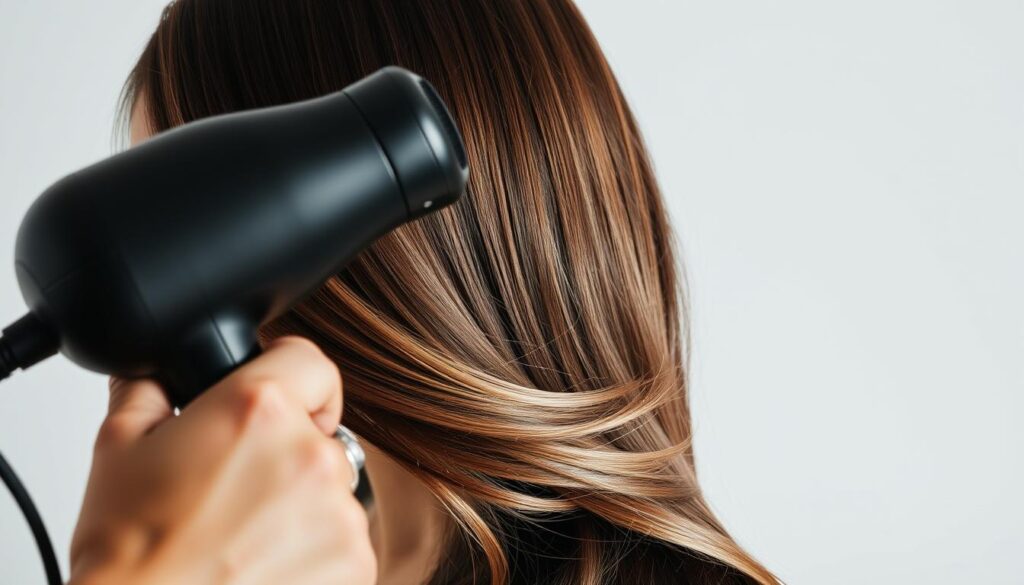 A close-up view of a person's hand meticulously styling the hair of a model with a professional-grade hair dryer and round brush. The hair is thick, voluminous, and styled in a smooth, shiny blowout with lively bounce and movement. Brilliant studio lighting from multiple angles creates dramatic shadows and highlights the hair's texture and natural shine. The model's face is partially obscured, focusing the viewer's attention on the styling techniques. A clean, minimalist background allows the hair styling process to be the sole subject of the image. A close-up view of a person's hand meticulously styling the hair of a model with a professional-grade hair dryer and round brush. The hair is thick, voluminous, and styled in a smooth, shiny blowout with lively bounce and movement. Brilliant studio lighting from multiple angles creates dramatic shadows and highlights the hair's texture and natural shine. The model's face is partially obscured, focusing the viewer's attention on the styling techniques. A clean, minimalist background allows the hair styling process to be the sole subject of the image.