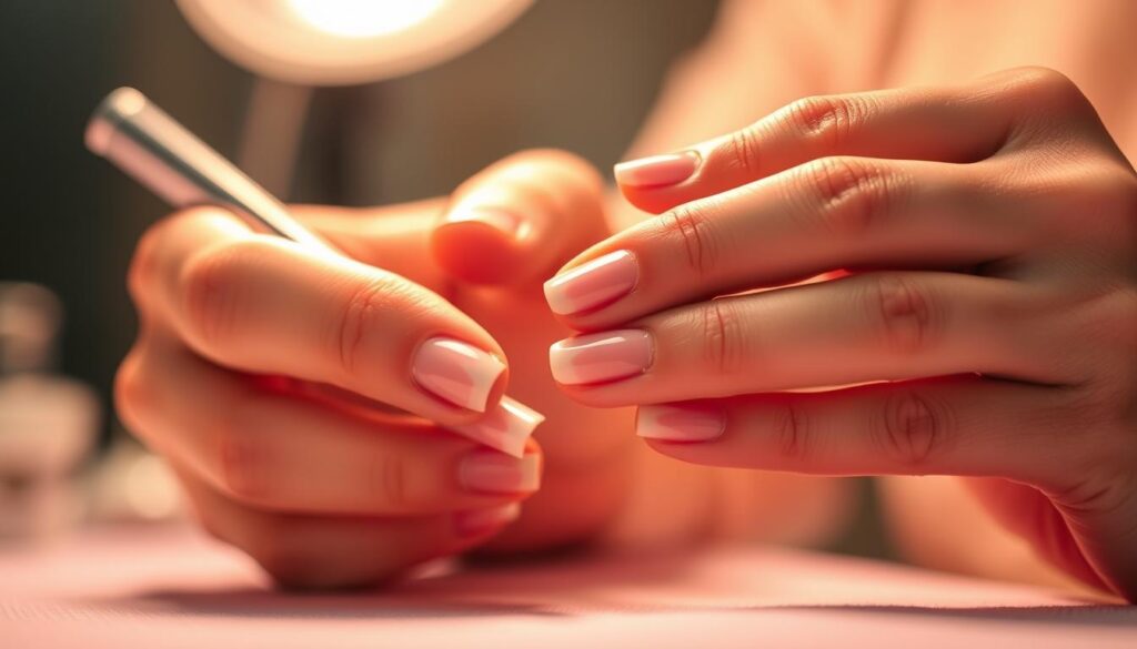 A close-up view of a woman's hands meticulously applying a French manicure. The nails are shaped and buffed to perfection, with a subtle pink base and crisp white tips. The skin around the nails is moisturized and well-groomed. The lighting is soft and warm, creating a serene, professional atmosphere. The camera angle is tilted slightly upward, emphasizing the delicacy and focus of the nail care techniques. The background is blurred, keeping the attention on the skilled hands at work. A close-up view of a woman's hands meticulously applying a French manicure. The nails are shaped and buffed to perfection, with a subtle pink base and crisp white tips. The skin around the nails is moisturized and well-groomed. The lighting is soft and warm, creating a serene, professional atmosphere. The camera angle is tilted slightly upward, emphasizing the delicacy and focus of the nail care techniques. The background is blurred, keeping the attention on the skilled hands at work.