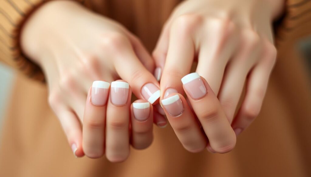 A close-up view of a woman's hands showcasing a modern French manicure on short, well-groomed nails. The nails have a soft, clean base color with delicate, precisely painted white tips, creating a classic yet contemporary look. The skin around the nails is smooth and hydrated, lending a polished, healthy appearance. The hands are positioned at a slight angle, allowing the details of the nails to be clearly visible. The lighting is soft and diffused, emphasizing the natural tones and textures of the nails and skin. The background is blurred, keeping the focus on the elegant, stylized nail designs. A close-up view of a woman's hands showcasing a modern French manicure on short, well-groomed nails. The nails have a soft, clean base color with delicate, precisely painted white tips, creating a classic yet contemporary look. The skin around the nails is smooth and hydrated, lending a polished, healthy appearance. The hands are positioned at a slight angle, allowing the details of the nails to be clearly visible. The lighting is soft and diffused, emphasizing the natural tones and textures of the nails and skin. The background is blurred, keeping the focus on the elegant, stylized nail designs.