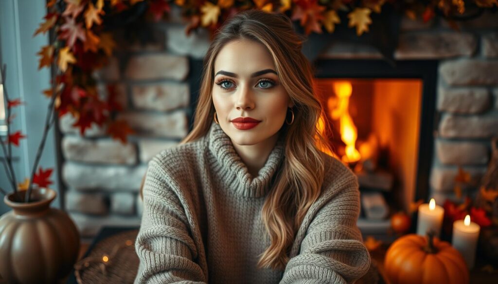 A cozy autumn scene featuring a stylish woman sitting by a fireside, surrounded by rich fall foliage and warm lighting. Her makeup is a stunning blend of muted oranges, bronzes, and soft pinks, accentuating her features in a versatile, day-to-night look. The composition is balanced, with the woman as the central focus, framed by the fireplace and autumnal decor. The lighting is soft and flattering, creating an inviting, intimate atmosphere. The image conveys a sense of seasonal transition and versatility, perfectly capturing the essence of "Cute Makeup Looks for Every Occasion" during the fall season. A cozy autumn scene featuring a stylish woman sitting by a fireside, surrounded by rich fall foliage and warm lighting. Her makeup is a stunning blend of muted oranges, bronzes, and soft pinks, accentuating her features in a versatile, day-to-night look. The composition is balanced, with the woman as the central focus, framed by the fireplace and autumnal decor. The lighting is soft and flattering, creating an inviting, intimate atmosphere. The image conveys a sense of seasonal transition and versatility, perfectly capturing the essence of "Cute Makeup Looks for Every Occasion" during the fall season.