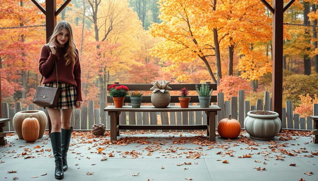 A cozy autumn scene with a fashionable young woman modeling affordable yet stylish outfits inspired by Taylor Swift's signature fall looks. The foreground features the model wearing a plaid mini skirt, a knit sweater, and tall boots - a chic and budget-friendly interpretation of one of Taylor's classic autumnal ensembles. Soft, natural lighting illuminates the middle ground, where a rustic wooden bench and potted plants create a warm, inviting ambiance. In the background, a lush, colorful forest backdrop evokes the serene, pastoral vibe of Taylor's music videos and album covers. The overall mood is one of effortless style, autumnal charm, and accessible luxury. A cozy autumn scene with a fashionable young woman modeling affordable yet stylish outfits inspired by Taylor Swift's signature fall looks. The foreground features the model wearing a plaid mini skirt, a knit sweater, and tall boots - a chic and budget-friendly interpretation of one of Taylor's classic autumnal ensembles. Soft, natural lighting illuminates the middle ground, where a rustic wooden bench and potted plants create a warm, inviting ambiance. In the background, a lush, colorful forest backdrop evokes the serene, pastoral vibe of Taylor's music videos and album covers. The overall mood is one of effortless style, autumnal charm, and accessible luxury.