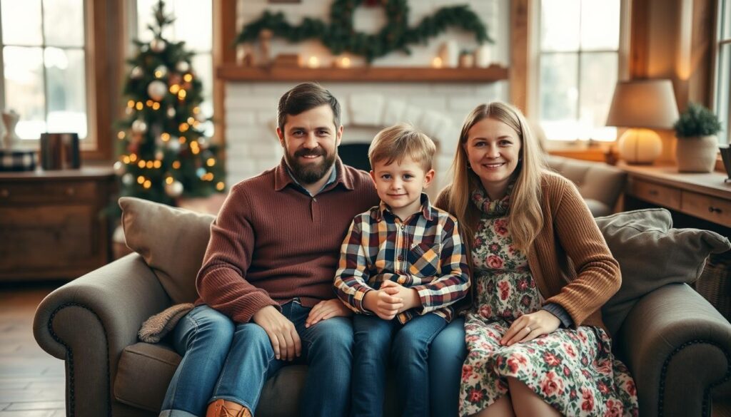 A cozy, rustic living room set with natural light streaming through large windows. In the foreground, a family of four - mother, father, son, and daughter - dressed in complementary seasonal outfits pose for a portrait. The mother wears a warm, woolen sweater, the father a corduroy jacket, the son a plaid button-down, and the daughter a floral dress. They are seated on a plush sofa, with a fireplace and holiday decorations in the background. The overall atmosphere is inviting and festive, capturing the essence of a picture-perfect family photo for any time of year. A cozy, rustic living room set with natural light streaming through large windows. In the foreground, a family of four - mother, father, son, and daughter - dressed in complementary seasonal outfits pose for a portrait. The mother wears a warm, woolen sweater, the father a corduroy jacket, the son a plaid button-down, and the daughter a floral dress. They are seated on a plush sofa, with a fireplace and holiday decorations in the background. The overall atmosphere is inviting and festive, capturing the essence of a picture-perfect family photo for any time of year.