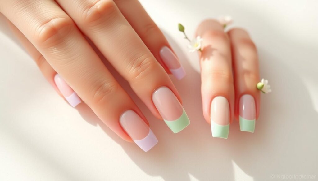 A delicate arrangement of pastel-hued nails, adorned with a modern take on the classic French tip. The nails are set against a soft, ethereal background, with a gentle gradient of light and shadow playing across the surface. The tips are painted in shades of pale pink, lavender, and mint green, creating a harmonious and visually striking contrast. Subtle floral accents, such as tiny buds or leaves, are strategically placed along the edges, adding a touch of natural spring beauty. The lighting is diffused and warm, bathing the nails in a soft, glowing radiance, capturing the essence of a serene and tranquil spring day. A delicate arrangement of pastel-hued nails, adorned with a modern take on the classic French tip. The nails are set against a soft, ethereal background, with a gentle gradient of light and shadow playing across the surface. The tips are painted in shades of pale pink, lavender, and mint green, creating a harmonious and visually striking contrast. Subtle floral accents, such as tiny buds or leaves, are strategically placed along the edges, adding a touch of natural spring beauty. The lighting is diffused and warm, bathing the nails in a soft, glowing radiance, capturing the essence of a serene and tranquil spring day.