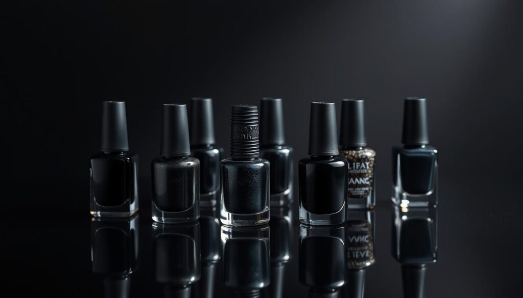 A high-quality studio photograph of a selection of black nail polish bottles in various finishes and textures, arranged on a sleek, reflective black surface. The bottles are illuminated by soft, diffused lighting, creating dramatic shadows and highlights that accentuate the depth and richness of the polishes. The background is a simple, solid black, allowing the nail polish to be the sole focus of the image. The overall composition is elegant, minimalist, and designed to showcase the diverse range of black nail polish options, from matte to glossy, shimmering to metallic. A high-quality studio photograph of a selection of black nail polish bottles in various finishes and textures, arranged on a sleek, reflective black surface. The bottles are illuminated by soft, diffused lighting, creating dramatic shadows and highlights that accentuate the depth and richness of the polishes. The background is a simple, solid black, allowing the nail polish to be the sole focus of the image. The overall composition is elegant, minimalist, and designed to showcase the diverse range of black nail polish options, from matte to glossy, shimmering to metallic.
