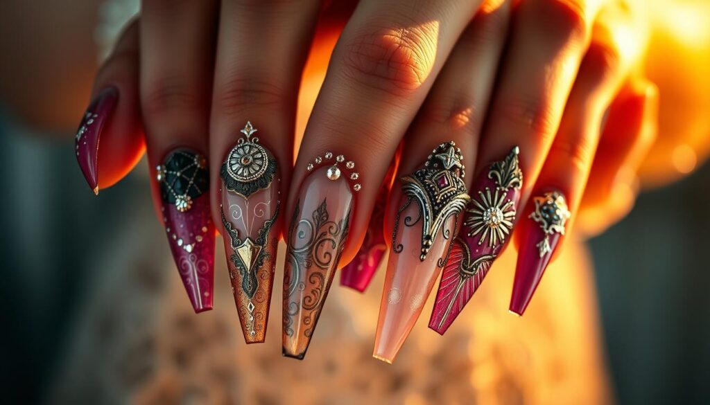 A meticulously crafted close-up shot of long, elegantly manicured nails showcasing an array of ornate nail art designs. The nails, adorned with intricate patterns, swirls, and shimmering embellishments, are lit by soft, warm lighting that accentuates the depth and texture of the artwork. The composition focuses on the hands, capturing the graceful curves and fingers in a manner that highlights the artistry and creativity of the long nail designs. The background is blurred, creating a sense of depth and drawing the viewer's attention solely to the mesmerizing nail art. A meticulously crafted close-up shot of long, elegantly manicured nails showcasing an array of ornate nail art designs. The nails, adorned with intricate patterns, swirls, and shimmering embellishments, are lit by soft, warm lighting that accentuates the depth and texture of the artwork. The composition focuses on the hands, capturing the graceful curves and fingers in a manner that highlights the artistry and creativity of the long nail designs. The background is blurred, creating a sense of depth and drawing the viewer's attention solely to the mesmerizing nail art.