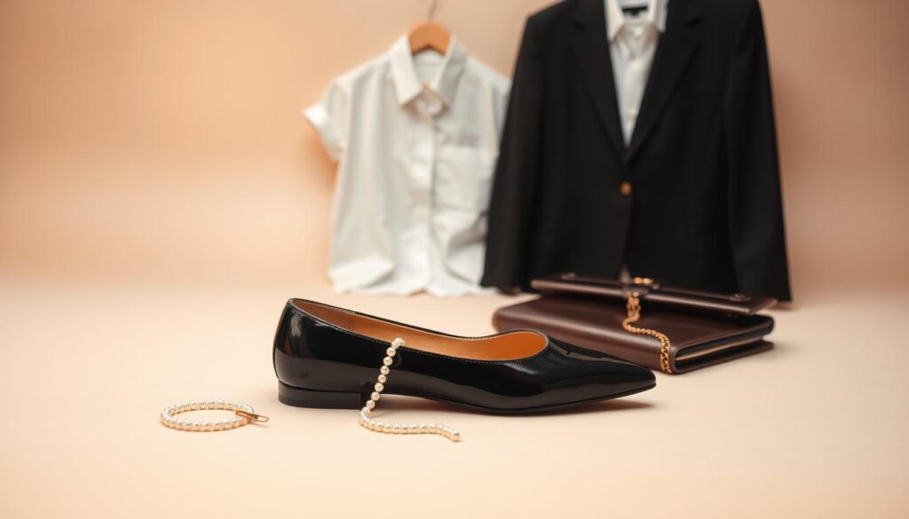 A minimalist, well-lit studio setting with a variety of audition accessories artfully arranged on a neutral-colored surface. In the foreground, a sleek pair of black patent leather shoes, a delicate pearl necklace, and a subtle gold hair clip rest elegantly. In the middle ground, a crisp white button-down shirt, a tailored black blazer, and a structured leather portfolio create a refined, professional ensemble. The background features soft, even lighting that casts a warm, inviting glow, emphasizing the thoughtfully styled audition accoutrements. A minimalist, well-lit studio setting with a variety of audition accessories artfully arranged on a neutral-colored surface. In the foreground, a sleek pair of black patent leather shoes, a delicate pearl necklace, and a subtle gold hair clip rest elegantly. In the middle ground, a crisp white button-down shirt, a tailored black blazer, and a structured leather portfolio create a refined, professional ensemble. The background features soft, even lighting that casts a warm, inviting glow, emphasizing the thoughtfully styled audition accoutrements.