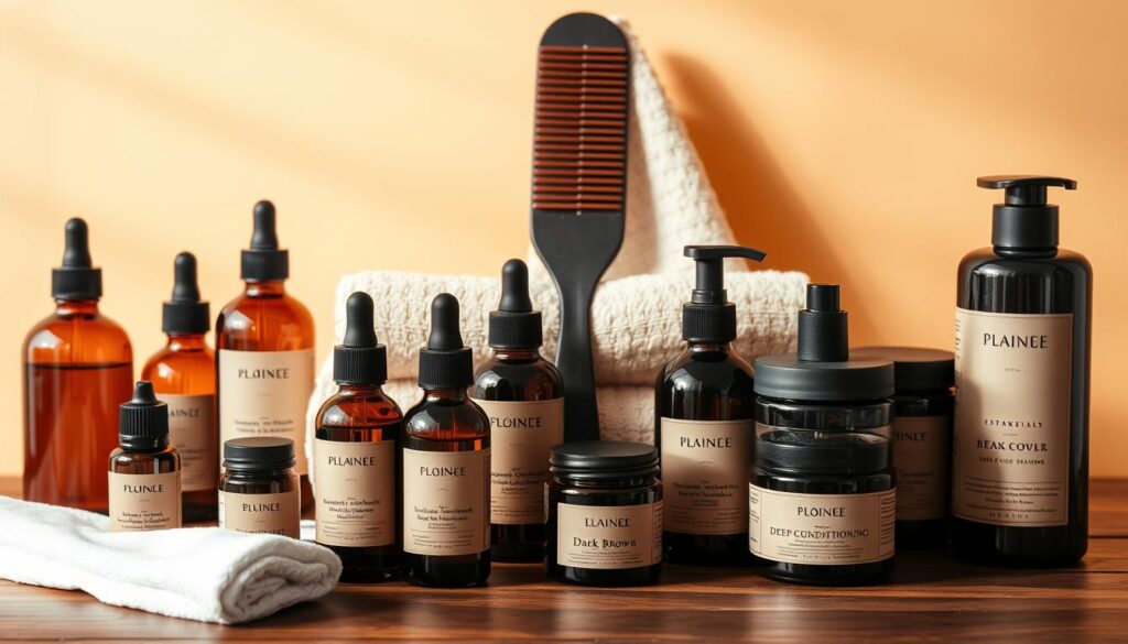 A neatly arranged still life of dark brown hair care products against a warm, neutral background. In the foreground, various essential oils, serums, and deep conditioning treatments in amber glass bottles and jars are elegantly displayed. The middle ground features a soft, natural fiber towel and a wide-toothed comb, creating a sense of luxury and self-care. Warm, directional lighting casts gentle shadows, accentuating the rich tones and textures of the products. The overall mood is one of sophistication, indulgence, and the promise of vibrant, healthy dark brown hair. A neatly arranged still life of dark brown hair care products against a warm, neutral background. In the foreground, various essential oils, serums, and deep conditioning treatments in amber glass bottles and jars are elegantly displayed. The middle ground features a soft, natural fiber towel and a wide-toothed comb, creating a sense of luxury and self-care. Warm, directional lighting casts gentle shadows, accentuating the rich tones and textures of the products. The overall mood is one of sophistication, indulgence, and the promise of vibrant, healthy dark brown hair.
