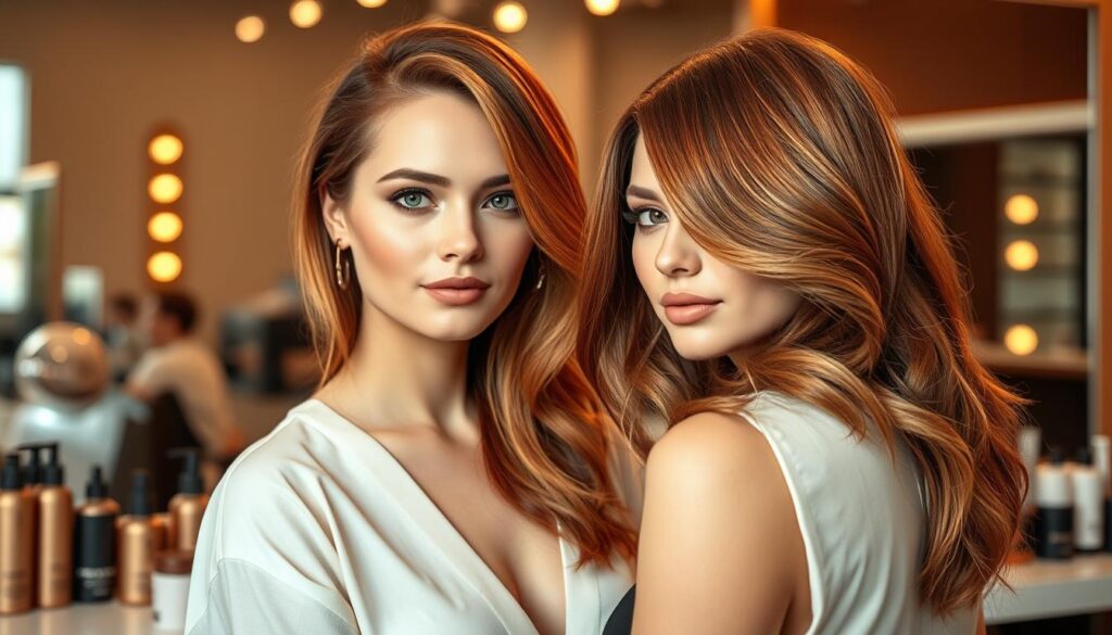 A professional hair salon setting, featuring a model with vibrant copper hair highlights. The subject is positioned in front of a large mirror, surrounded by high-end hair care products and tools. Warm, diffused lighting casts a flattering glow, highlighting the dimensional copper tones throughout the hair. The model's expression conveys confidence and sophistication. The background is blurred, placing the focus on the copper hair color technique. The overall atmosphere is one of luxury, expertise, and the transformative power of professional hair coloring. A professional hair salon setting, featuring a model with vibrant copper hair highlights. The subject is positioned in front of a large mirror, surrounded by high-end hair care products and tools. Warm, diffused lighting casts a flattering glow, highlighting the dimensional copper tones throughout the hair. The model's expression conveys confidence and sophistication. The background is blurred, placing the focus on the copper hair color technique. The overall atmosphere is one of luxury, expertise, and the transformative power of professional hair coloring.