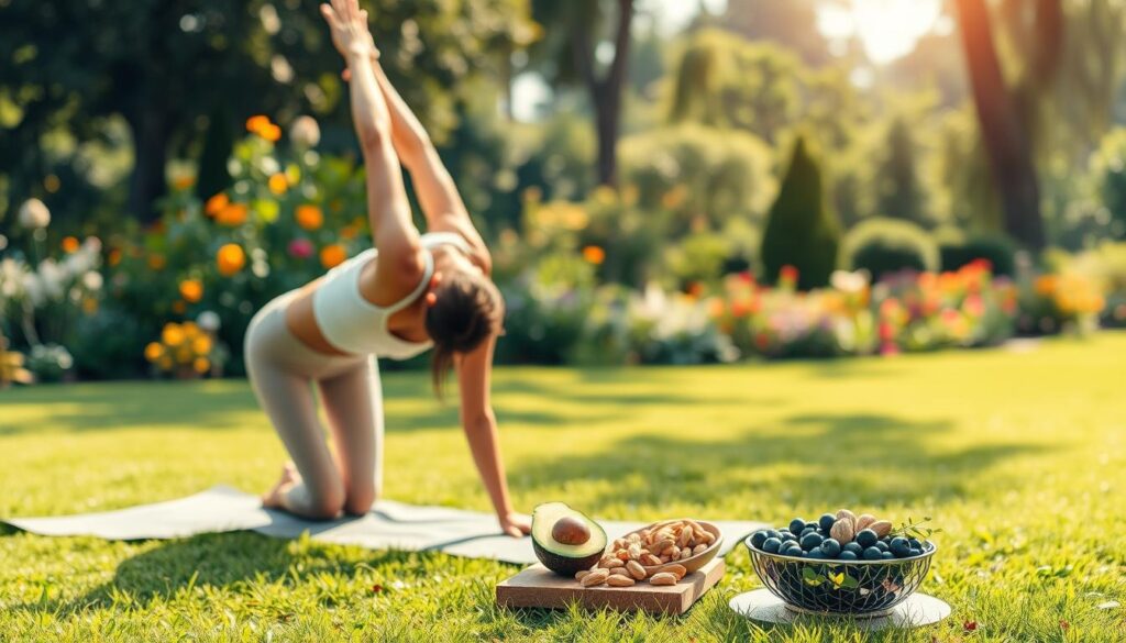 A serene, sun-dappled scene of a woman practicing yoga on a lush, verdant lawn, her skin glowing with health. In the foreground, she is in a deep forward fold, her body lithe and supple. In the middle ground, a small table holds a selection of skin-nourishing superfoods - avocados, blueberries, and omega-rich nuts. In the background, a peaceful garden vista, filled with vibrant flowers and towering trees, suggests a holistic, nature-inspired lifestyle. The warm, golden lighting and soft focus create a sense of tranquility and well-being, capturing the essence of a healthy, skin-tightening regimen. A serene, sun-dappled scene of a woman practicing yoga on a lush, verdant lawn, her skin glowing with health. In the foreground, she is in a deep forward fold, her body lithe and supple. In the middle ground, a small table holds a selection of skin-nourishing superfoods - avocados, blueberries, and omega-rich nuts. In the background, a peaceful garden vista, filled with vibrant flowers and towering trees, suggests a holistic, nature-inspired lifestyle. The warm, golden lighting and soft focus create a sense of tranquility and well-being, capturing the essence of a healthy, skin-tightening regimen.