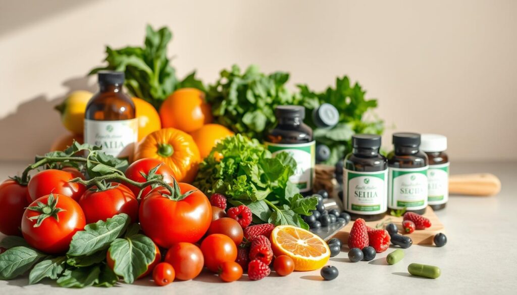 A still life arrangement featuring an assortment of nutrient-rich ingredients for skin health. In the foreground, an array of fresh vegetables and fruits - juicy tomatoes, leafy greens, vibrant oranges, and plump berries. Placed alongside are various health supplements, their bottles positioned to showcase their labels. The middle ground features a wooden cutting board with a knife and kitchen utensils, hinting at the preparation of a nourishing meal or skin treatment. Soft, diffused lighting illuminates the scene, casting gentle shadows and creating a warm, inviting atmosphere. The background is a minimalist, neutral backdrop, allowing the natural colors and textures of the subject to take center stage. A still life arrangement featuring an assortment of nutrient-rich ingredients for skin health. In the foreground, an array of fresh vegetables and fruits - juicy tomatoes, leafy greens, vibrant oranges, and plump berries. Placed alongside are various health supplements, their bottles positioned to showcase their labels. The middle ground features a wooden cutting board with a knife and kitchen utensils, hinting at the preparation of a nourishing meal or skin treatment. Soft, diffused lighting illuminates the scene, casting gentle shadows and creating a warm, inviting atmosphere. The background is a minimalist, neutral backdrop, allowing the natural colors and textures of the subject to take center stage.