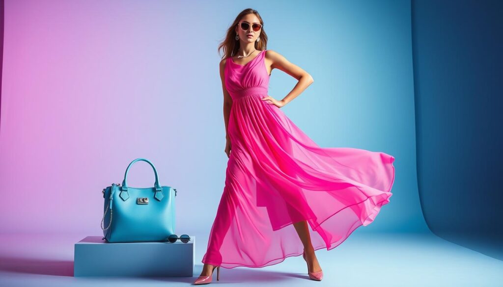 A striking fashion scene showcasing bold color combinations of pink and blue. In the foreground, a dynamic model poses in a vibrant pink midi dress, its flowing chiffon fabric accentuated by gentle lighting. The middle ground features an artfully styled array of accessories - a sky-blue handbag, sleek sunglasses, and statement jewelry that complements the pink dress perfectly. In the background, a minimalist set design with clean lines and a soft blue gradient creates an elegant, high-fashion ambiance. The entire composition exudes an air of confidence and modern sophistication, capturing the essence of a bold, color-forward fashion statement. A striking fashion scene showcasing bold color combinations of pink and blue. In the foreground, a dynamic model poses in a vibrant pink midi dress, its flowing chiffon fabric accentuated by gentle lighting. The middle ground features an artfully styled array of accessories - a sky-blue handbag, sleek sunglasses, and statement jewelry that complements the pink dress perfectly. In the background, a minimalist set design with clean lines and a soft blue gradient creates an elegant, high-fashion ambiance. The entire composition exudes an air of confidence and modern sophistication, capturing the essence of a bold, color-forward fashion statement.