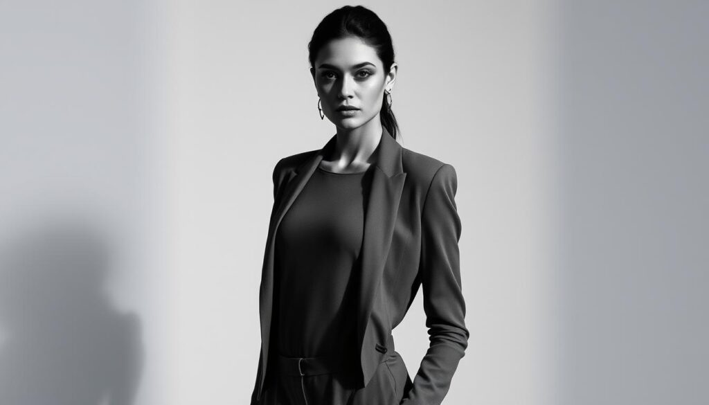 A striking monochrome portrait of Bianca Censori, her elegant features accentuated by dramatic lighting. She stands tall, her sleek, minimalist outfit in shades of grey and black creating a chic, understated silhouette. The image is captured with a shallow depth of field, placing the focus squarely on her confident, poised demeanor. Soft shadows caress her face, lending an air of mysterious allure. The background is a simple, neutral tone, allowing Bianca's striking presence to command the frame. This image embodies the essence of her minimalist, impactful style - chic, confident, and effortlessly captivating. A striking monochrome portrait of Bianca Censori, her elegant features accentuated by dramatic lighting. She stands tall, her sleek, minimalist outfit in shades of grey and black creating a chic, understated silhouette. The image is captured with a shallow depth of field, placing the focus squarely on her confident, poised demeanor. Soft shadows caress her face, lending an air of mysterious allure. The background is a simple, neutral tone, allowing Bianca's striking presence to command the frame. This image embodies the essence of her minimalist, impactful style - chic, confident, and effortlessly captivating.