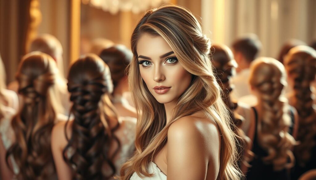 A stunning array of elegant, long hairstyles for special events. In the foreground, a model gracefully poses, her flowing locks cascading around her face in soft, luxurious waves. The middle ground showcases a variety of intricate updo styles, from sleek chignons to cascading braids, each exuding an air of sophistication. The background is softly blurred, evoking a sense of glamour and refinement. The lighting is warm and flattering, creating a serene, yet captivating atmosphere. Captured with a shallow depth of field, the focus is drawn to the model's captivating gaze and the artistry of the hairstyles. This image perfectly encapsulates the essence of "Trendy Long Hair Styles for Special Events." A stunning array of elegant, long hairstyles for special events. In the foreground, a model gracefully poses, her flowing locks cascading around her face in soft, luxurious waves. The middle ground showcases a variety of intricate updo styles, from sleek chignons to cascading braids, each exuding an air of sophistication. The background is softly blurred, evoking a sense of glamour and refinement. The lighting is warm and flattering, creating a serene, yet captivating atmosphere. Captured with a shallow depth of field, the focus is drawn to the model's captivating gaze and the artistry of the hairstyles. This image perfectly encapsulates the essence of "Trendy Long Hair Styles for Special Events."