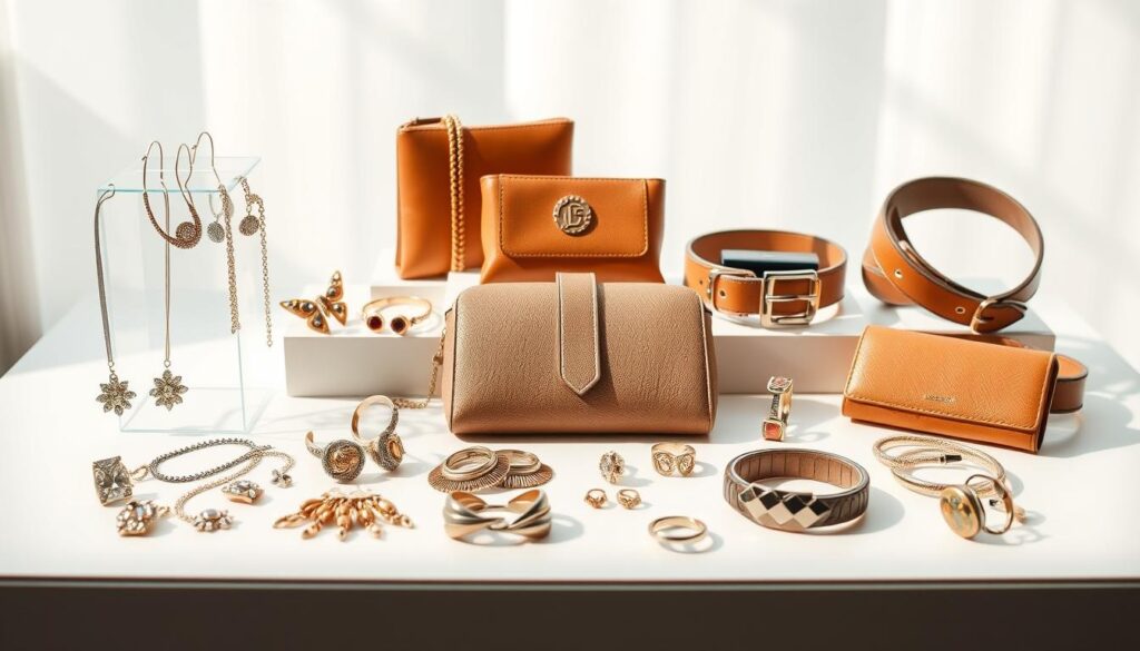 A stylish display of meticulously curated accessories on a sleek, minimalist display surface. In the foreground, an assortment of fashion-forward jewelry pieces - elegant necklaces, glimmering earrings, and statement rings - arranged in a visually captivating manner. The middle ground features a collection of refined leather goods, such as a slim wallet, a compact clutch, and a polished belt, accentuating the theme of sophisticated style. The background showcases a backdrop of soft, natural light, creating a serene and inviting atmosphere that allows the accessories to take center stage. The overall composition conveys a sense of refined elegance, inspiring the viewer to elevate their personal style with these carefully selected fashion accents. A stylish display of meticulously curated accessories on a sleek, minimalist display surface. In the foreground, an assortment of fashion-forward jewelry pieces - elegant necklaces, glimmering earrings, and statement rings - arranged in a visually captivating manner. The middle ground features a collection of refined leather goods, such as a slim wallet, a compact clutch, and a polished belt, accentuating the theme of sophisticated style. The background showcases a backdrop of soft, natural light, creating a serene and inviting atmosphere that allows the accessories to take center stage. The overall composition conveys a sense of refined elegance, inspiring the viewer to elevate their personal style with these carefully selected fashion accents.