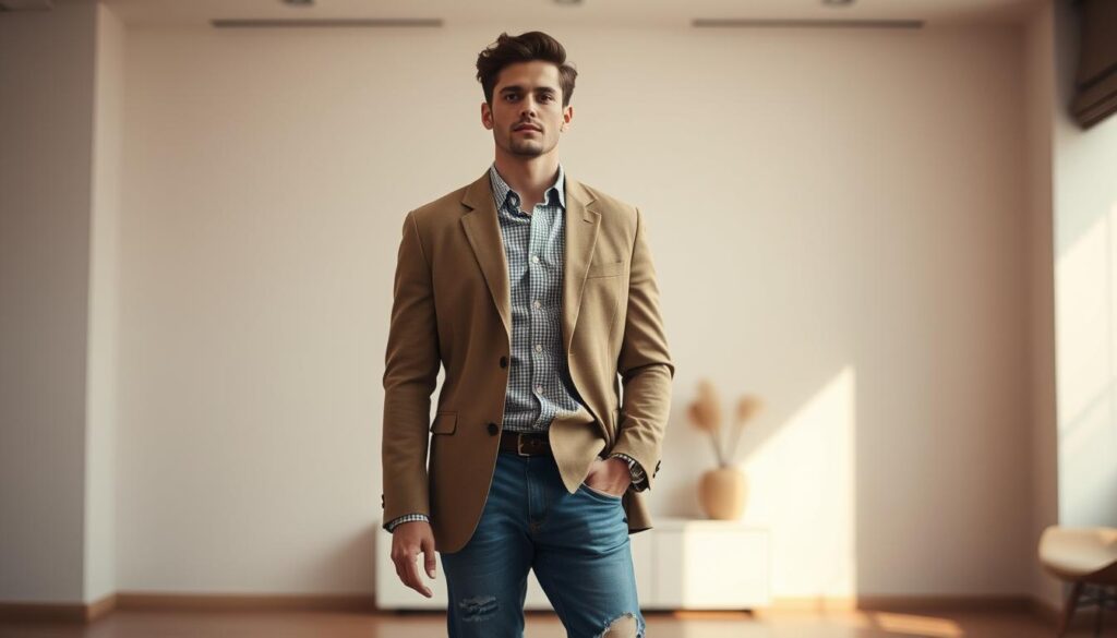 A stylish individual stands in a well-lit, modern interior, their outfit blending casual and formal elements. In the foreground, a crisp, tailored blazer in a neutral tone is paired with distressed denim jeans, creating a refined yet relaxed silhouette. The mid-ground features a subtly patterned button-down shirt, the sleeves casually rolled up, complementing the overall look. In the background, a minimalist decor enhances the sense of balance, with clean lines and muted colors providing a sophisticated backdrop. Soft, directional lighting casts a warm glow, accentuating the harmonious fusion of casual and formal aesthetics, embodying the zeitgeist of 2020 fashion trends. A stylish individual stands in a well-lit, modern interior, their outfit blending casual and formal elements. In the foreground, a crisp, tailored blazer in a neutral tone is paired with distressed denim jeans, creating a refined yet relaxed silhouette. The mid-ground features a subtly patterned button-down shirt, the sleeves casually rolled up, complementing the overall look. In the background, a minimalist decor enhances the sense of balance, with clean lines and muted colors providing a sophisticated backdrop. Soft, directional lighting casts a warm glow, accentuating the harmonious fusion of casual and formal aesthetics, embodying the zeitgeist of 2020 fashion trends.