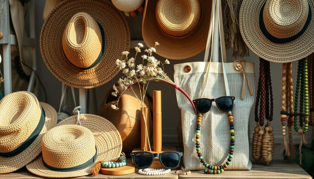 A sustainably-designed, upcycled music festival accessory display featuring a variety of eco-friendly hats, bags, and jewelry. The centerpiece is a woven headband with delicate dried wildflowers, surrounded by a collection of hemp tote bags, bamboo sunglasses, and beaded necklaces made from recycled materials. Soft, natural lighting illuminates the display, highlighting the textures and organic color palette. The overall mood is one of rustic elegance and environmental consciousness, perfectly suited for a music-themed sustainable fashion feature. A sustainably-designed, upcycled music festival accessory display featuring a variety of eco-friendly hats, bags, and jewelry. The centerpiece is a woven headband with delicate dried wildflowers, surrounded by a collection of hemp tote bags, bamboo sunglasses, and beaded necklaces made from recycled materials. Soft, natural lighting illuminates the display, highlighting the textures and organic color palette. The overall mood is one of rustic elegance and environmental consciousness, perfectly suited for a music-themed sustainable fashion feature.