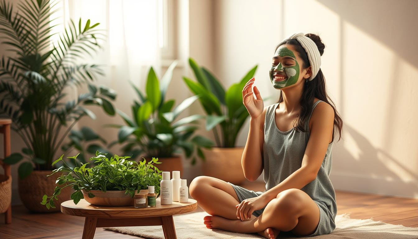 A tranquil scene of a person practicing mindful self-care rituals against a soothing, natural backdrop. In the foreground, the subject sits cross-legged, gently applying a nourishing face mask with a content expression. Diffused, warm lighting filters through a window, casting a soft glow. In the middle ground, lush, verdant plants and a simple, wooden table with various skincare products create a sense of balance and wellness. The background depicts a serene, minimalist interior with muted earth tones, accentuating the peaceful atmosphere. The overall composition conveys a holistic approach to managing ruddy skin and restoring a healthy, radiant complexion through lifestyle modifications.