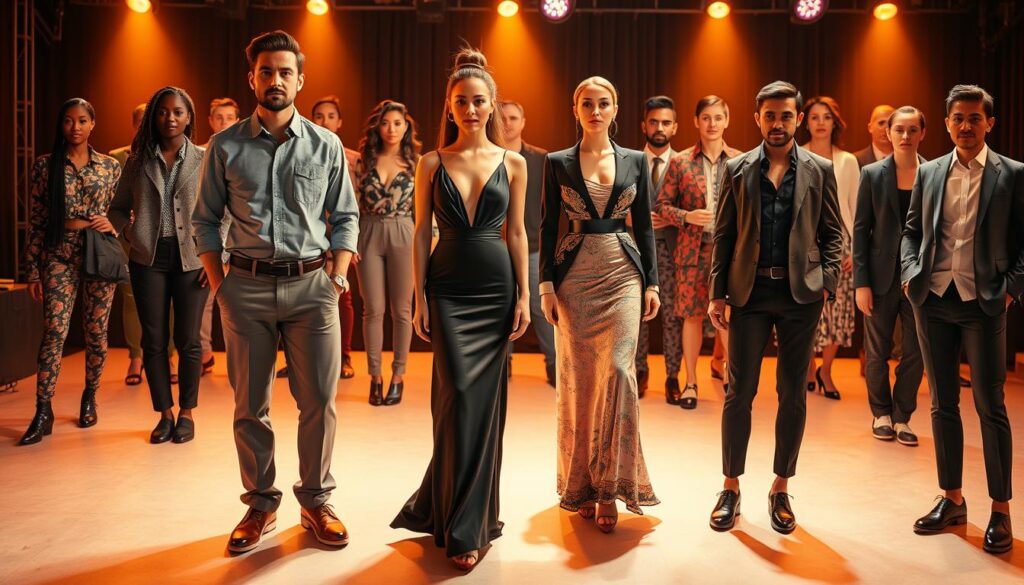 A vibrant and stylized visual collage depicting various audition outfit types suitable for different casting roles. In the foreground, a well-dressed professional in a tailored suit, followed by a casual but polished outfit with a button-down shirt and chinos. In the middle ground, a sleek and modern evening gown alongside a more theatrical costume with bold patterns and textures. In the background, a variety of additional outfits ranging from athleisure wear to formal evening attire, all illuminated by warm, atmospheric lighting and captured from a dynamic, angled perspective to showcase the diversity of casting audition styles. A vibrant and stylized visual collage depicting various audition outfit types suitable for different casting roles. In the foreground, a well-dressed professional in a tailored suit, followed by a casual but polished outfit with a button-down shirt and chinos. In the middle ground, a sleek and modern evening gown alongside a more theatrical costume with bold patterns and textures. In the background, a variety of additional outfits ranging from athleisure wear to formal evening attire, all illuminated by warm, atmospheric lighting and captured from a dynamic, angled perspective to showcase the diversity of casting audition styles.