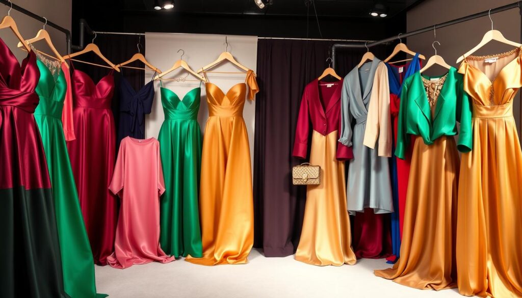 A vibrant color palette of elegant birthday outfits, captured in a stylish studio setting. The foreground features a stunning array of dresses, blouses, and accessories in a harmonious blend of jewel-toned hues - rich burgundy, deep emerald, vibrant sapphire, and luminous gold. The middle ground showcases the luxurious textures and fabrics, from satin to chiffon, complementing the colors. The background bathes the scene in soft, diffused lighting, creating a warm, inviting atmosphere that accentuates the glamour of the fashion pieces. The overall composition exudes a sense of sophistication and celebration, perfectly capturing the essence of a "Show-Stopping Colors and Fabrics for Your Special Day". A vibrant color palette of elegant birthday outfits, captured in a stylish studio setting. The foreground features a stunning array of dresses, blouses, and accessories in a harmonious blend of jewel-toned hues - rich burgundy, deep emerald, vibrant sapphire, and luminous gold. The middle ground showcases the luxurious textures and fabrics, from satin to chiffon, complementing the colors. The background bathes the scene in soft, diffused lighting, creating a warm, inviting atmosphere that accentuates the glamour of the fashion pieces. The overall composition exudes a sense of sophistication and celebration, perfectly capturing the essence of a "Show-Stopping Colors and Fabrics for Your Special Day".