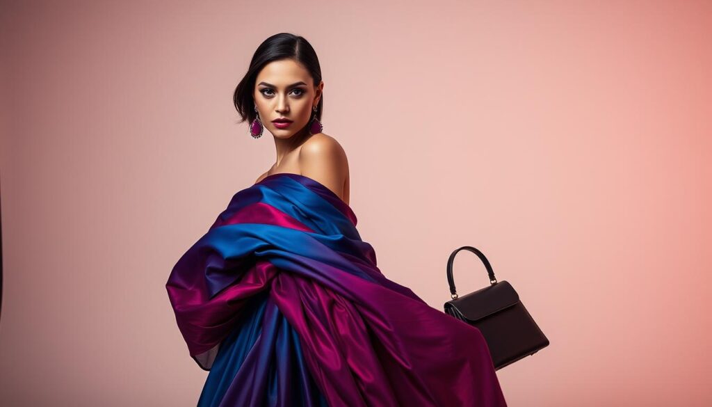 A vibrant fashion editorial showcasing the powerful interplay of color. In the foreground, a model strikes a confident pose, wrapped in a fluid, jewel-toned gown that cascades around her. Her piercing gaze commands attention, hinting at the emotional resonance of her stylish ensemble. The middle ground features a carefully curated selection of bold, complementary accessories - earrings, a statement necklace, and a sleek, structured handbag - all working in harmony to create a visually stunning, yet cohesive look. The background is a minimalist studio setting, with soft, directional lighting that accentuates the model's features and the vibrant colors of the outfit. The overall atmosphere is one of elegance, sophistication, and the transformative power of strategic color choices in fashion. A vibrant fashion editorial showcasing the powerful interplay of color. In the foreground, a model strikes a confident pose, wrapped in a fluid, jewel-toned gown that cascades around her. Her piercing gaze commands attention, hinting at the emotional resonance of her stylish ensemble. The middle ground features a carefully curated selection of bold, complementary accessories - earrings, a statement necklace, and a sleek, structured handbag - all working in harmony to create a visually stunning, yet cohesive look. The background is a minimalist studio setting, with soft, directional lighting that accentuates the model's features and the vibrant colors of the outfit. The overall atmosphere is one of elegance, sophistication, and the transformative power of strategic color choices in fashion.