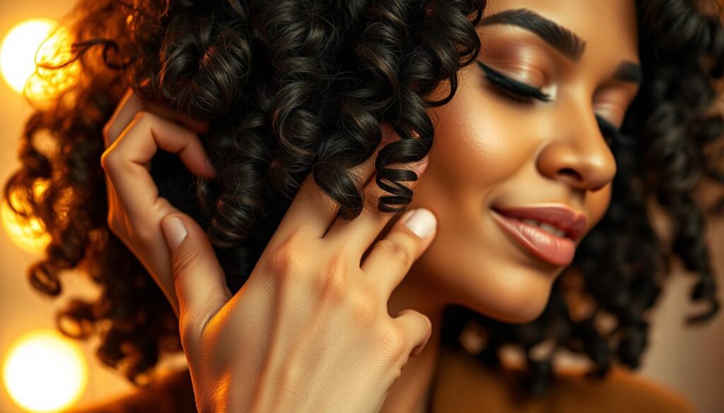 A visually engaging close-up shot of a woman's hands gently applying a nourishing hair product to her short, voluminous curly locks. The lighting is soft and flattering, with a warm, diffused glow that emphasizes the rich, glossy texture of the hair. The background is subtly blurred, keeping the focus on the intricate techniques and careful attention being paid to the hair maintenance routine. The woman's expression is one of calm, thoughtful concentration, conveying the importance and mindfulness of this self-care ritual. The overall mood is serene, intimate, and aspirational, inviting the viewer to imagine themselves partaking in this transformative hair care process. A visually engaging close-up shot of a woman's hands gently applying a nourishing hair product to her short, voluminous curly locks. The lighting is soft and flattering, with a warm, diffused glow that emphasizes the rich, glossy texture of the hair. The background is subtly blurred, keeping the focus on the intricate techniques and careful attention being paid to the hair maintenance routine. The woman's expression is one of calm, thoughtful concentration, conveying the importance and mindfulness of this self-care ritual. The overall mood is serene, intimate, and aspirational, inviting the viewer to imagine themselves partaking in this transformative hair care process.