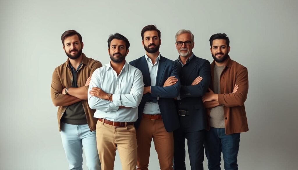 A well-dressed group of men posing confidently for a family portrait in a beautifully-lit studio. The subjects are arranged in a natural, relaxed stance with thoughtful expressions, dressed in a variety of complementary outfits - a tailored navy suit, a crisp white dress shirt with rolled-up sleeves, and smart casual attire in earth tones and neutrals. The lighting is soft and flattering, creating depth and dimension. The background is a simple, neutral backdrop that allows the subjects to take center stage. The overall mood is one of sophistication, confidence and family unity. A well-dressed group of men posing confidently for a family portrait in a beautifully-lit studio. The subjects are arranged in a natural, relaxed stance with thoughtful expressions, dressed in a variety of complementary outfits - a tailored navy suit, a crisp white dress shirt with rolled-up sleeves, and smart casual attire in earth tones and neutrals. The lighting is soft and flattering, creating depth and dimension. The background is a simple, neutral backdrop that allows the subjects to take center stage. The overall mood is one of sophistication, confidence and family unity.