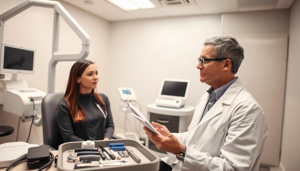 A well-lit medical examination room with state-of-the-art laser skin treatment equipment. In the foreground, a dermatologist in a white coat is carefully explaining the safety considerations and potential side effects to a seated patient. The patient's attentive expression conveys understanding. In the middle ground, various medical instruments and devices are neatly arranged on a tray. The background features clean, sterile walls and modern lighting fixtures, creating a professional and reassuring atmosphere. The scene emphasizes the importance of safety awareness and informed consent in advanced cosmetic procedures. A well-lit medical examination room with state-of-the-art laser skin treatment equipment. In the foreground, a dermatologist in a white coat is carefully explaining the safety considerations and potential side effects to a seated patient. The patient's attentive expression conveys understanding. In the middle ground, various medical instruments and devices are neatly arranged on a tray. The background features clean, sterile walls and modern lighting fixtures, creating a professional and reassuring atmosphere. The scene emphasizes the importance of safety awareness and informed consent in advanced cosmetic procedures.