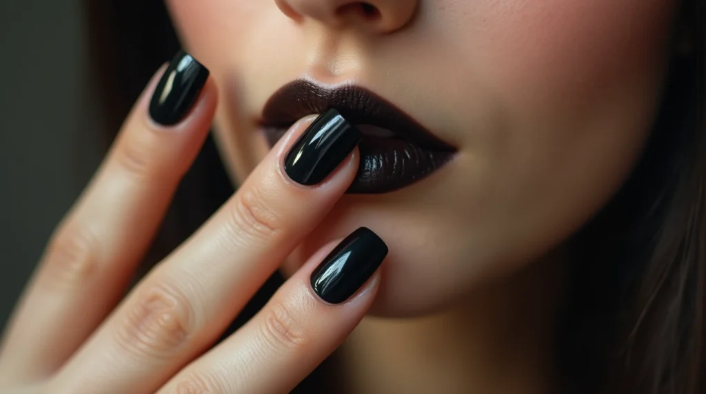 A close-up view of a hand expertly applying black nail polish with a fine-tipped brush. Soft, diffused studio lighting illuminates the scene, casting gentle shadows that accentuate the delicate brush strokes and the glossy ebony lacquer spreading evenly across the nails. The background is a clean, minimalist white, allowing the technique to be the sole focus. The hand is positioned slightly at an angle, providing a clear view of the application process. The overall mood is one of precision, elegance, and the confident mastery of a signature beauty look. Close-up of a woman showcasing her bold, glossy black nail polish, exuding confidence with a chic, modern look and minimalist outfit