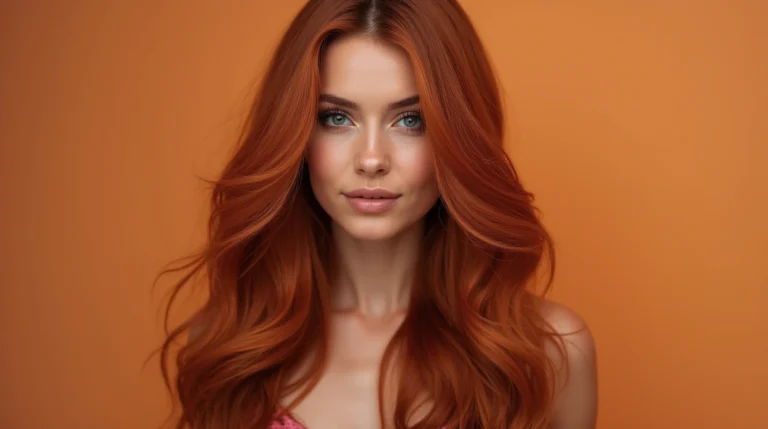 Woman with vibrant copper hair color and glowing highlights