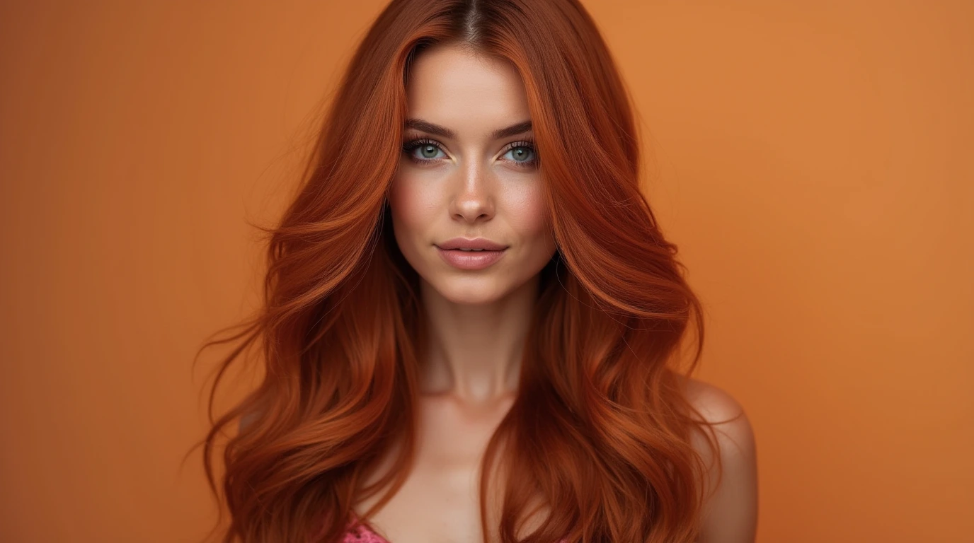 Woman with vibrant copper hair color and glowing highlights