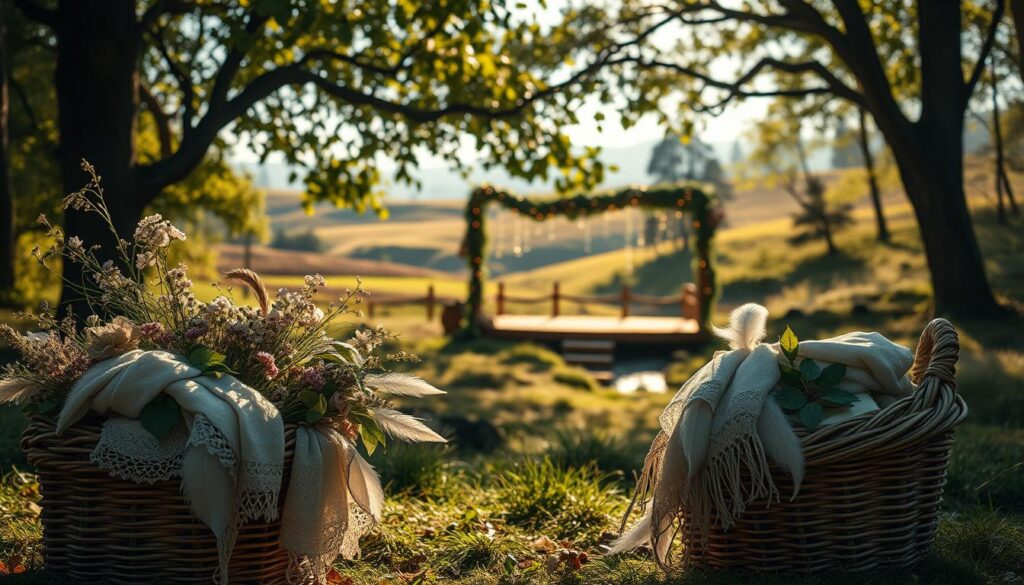 Cottagecore Concert Accessories: A serene forest glade, dappled with soft sunlight filtering through the canopy. In the foreground, a woven basket overflows with wildflowers, lace-trimmed shawls, and delicate feather hair clips. In the middle ground, a wooden stage is adorned with trailing ivy and twinkling fairy lights, ready to host a melodic woodland performance. The background features rolling hills, a babbling brook, and silhouettes of swaying trees, creating an enchanting, nature-inspired atmosphere. Warm, earthy tones and a dreamy, atmospheric lighting evoke the peaceful, whimsical essence of the Folklore and Evermore aesthetic. Cottagecore Concert Accessories: A serene forest glade, dappled with soft sunlight filtering through the canopy. In the foreground, a woven basket overflows with wildflowers, lace-trimmed shawls, and delicate feather hair clips. In the middle ground, a wooden stage is adorned with trailing ivy and twinkling fairy lights, ready to host a melodic woodland performance. The background features rolling hills, a babbling brook, and silhouettes of swaying trees, creating an enchanting, nature-inspired atmosphere. Warm, earthy tones and a dreamy, atmospheric lighting evoke the peaceful, whimsical essence of the Folklore and Evermore aesthetic.