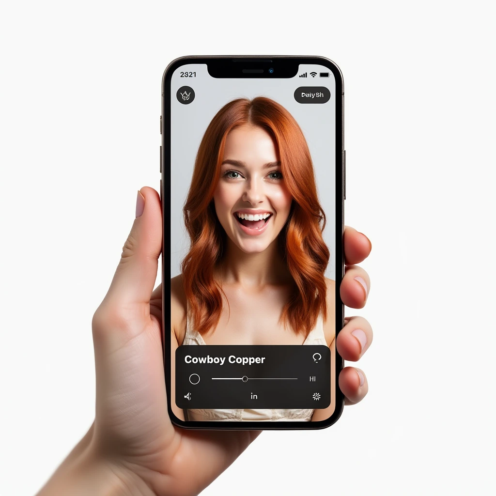 Smartphone screen showing a virtual hair color try-on app with cowboy copper hair selected on a selfie