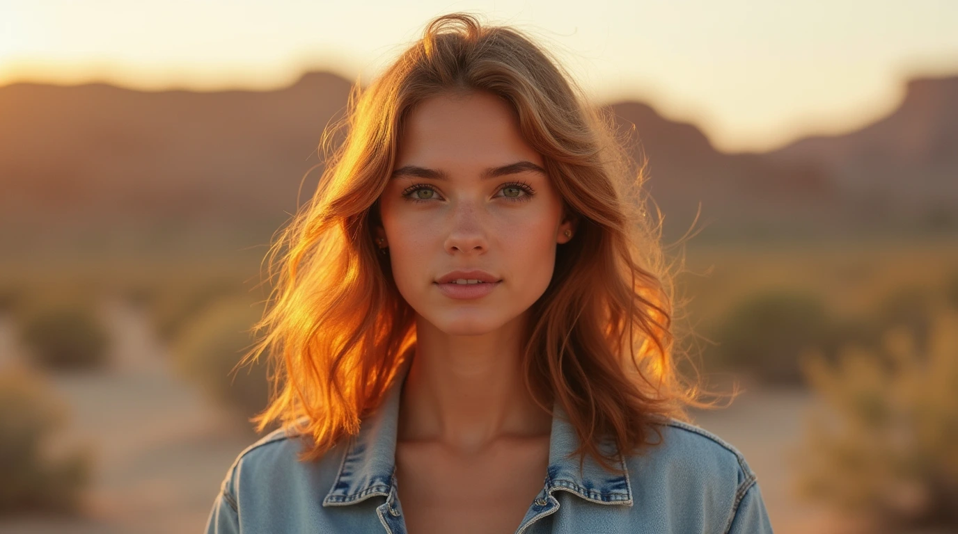 Woman with wavy cowboy copper hair in soft golden-hour lighting, styled in a modern, wearable look