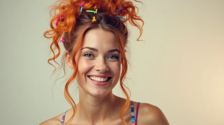 Crazy Hair Day Ideas: Woman with a playful updo, colorful accessories, and a bold, unique hairstyle that turns heads