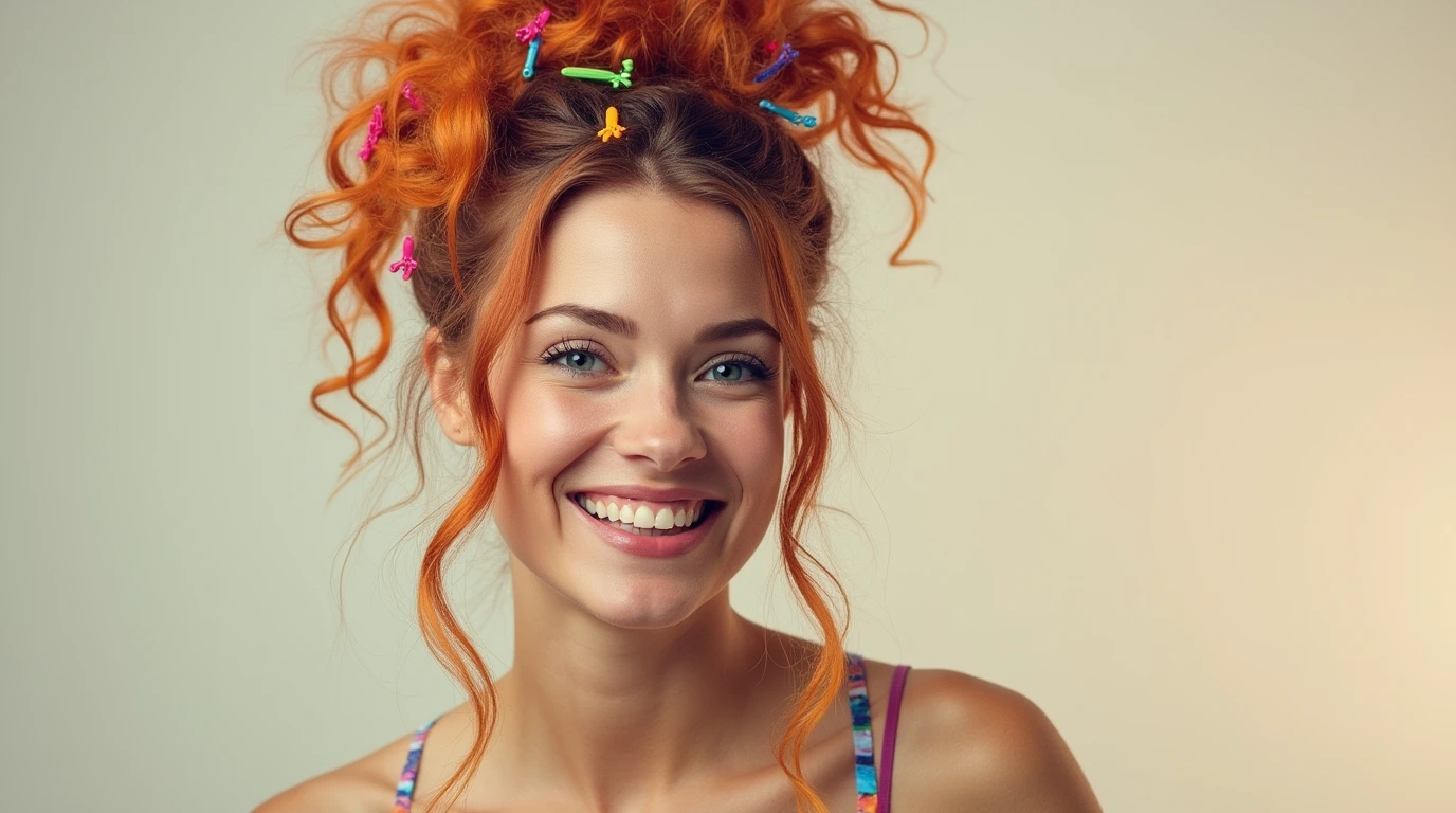 Crazy Hair Day Ideas: Woman with a playful updo, colorful accessories, and a bold, unique hairstyle that turns heads