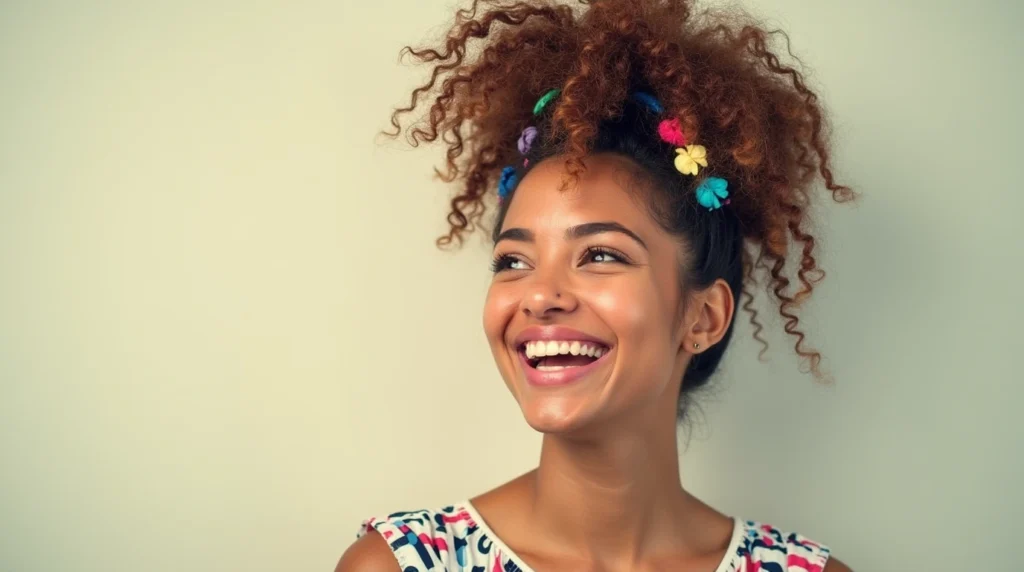 Vivid scene of a person with a wild, messy hairstyle made from everyday objects. Foreground: The subject's face is animated, hair dynamically styled with colorful ribbons, bows, and hair accessories. Midground: Hands frantically weaving and pinning the hair into an eccentric, last-minute style. Background: Blurred, energetic room setting with mirrors, hair products, and tools scattered about. Bright, theatrical lighting creates dramatic shadows and highlights the subject's expressive features. Lens: Close-up, slightly angled to capture the frenetic, impromptu nature of the scene. Mood: Chaotic, whimsical, and playful, conveying the spirit of "Crazy Hair Day". Crazy Hair Day Ideas: Close-up of a woman with a bold and creative hairstyle for Crazy Hair Day, featuring vibrant colors, quirky braids, and fun accessories like colorful clips