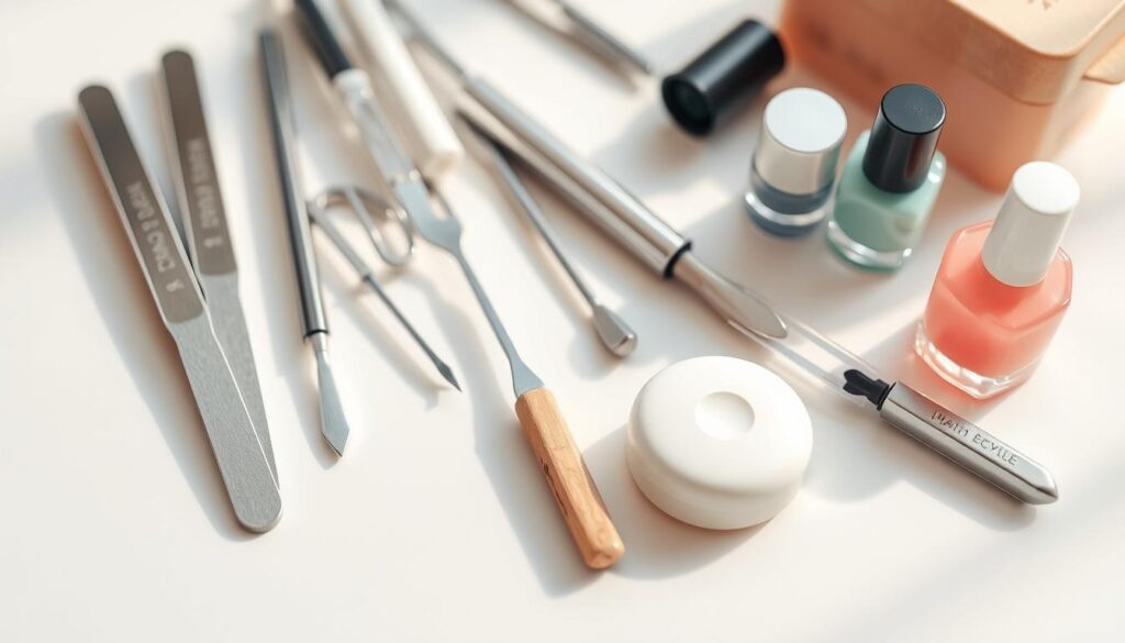Detailed close-up of various nail care tools and products arranged on a clean, minimalist white surface. Soft, warm lighting from the side creates gentle shadows and highlights the textures of the manicure implements - nail files, cuticle pushers, moisturizing creams, and polishes in a muted color palette. The composition emphasizes the importance of daily nail maintenance routines, with a sense of care, precision, and attention to detail. Detailed close-up of various nail care tools and products arranged on a clean, minimalist white surface. Soft, warm lighting from the side creates gentle shadows and highlights the textures of the manicure implements - nail files, cuticle pushers, moisturizing creams, and polishes in a muted color palette. The composition emphasizes the importance of daily nail maintenance routines, with a sense of care, precision, and attention to detail.