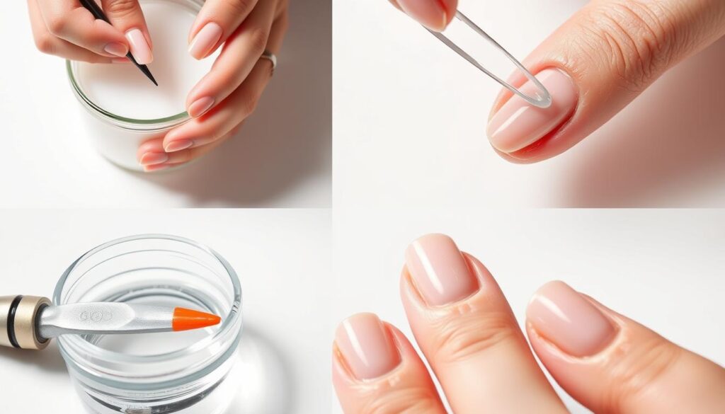 Detailed close-up shot of various gel nail polish removal techniques, capturing the subtleties of the process. A well-lit, crisp studio setup showcases different tools and methods, such as soaking nails in acetone-free solution, using a cuticle pusher to gently lift polish, and a glass nail file to buff and smooth. The overall scene has a clean, professional aesthetic, with a neutral background that allows the removal techniques to be the focus. Attention to lighting and angles highlights the nuances of each step, conveying an informative, educational mood suitable for an article on acetone-free gel polish removal. Detailed close-up shot of various gel nail polish removal techniques, capturing the subtleties of the process. A well-lit, crisp studio setup showcases different tools and methods, such as soaking nails in acetone-free solution, using a cuticle pusher to gently lift polish, and a glass nail file to buff and smooth. The overall scene has a clean, professional aesthetic, with a neutral background that allows the removal techniques to be the focus. Attention to lighting and angles highlights the nuances of each step, conveying an informative, educational mood suitable for an article on acetone-free gel polish removal.