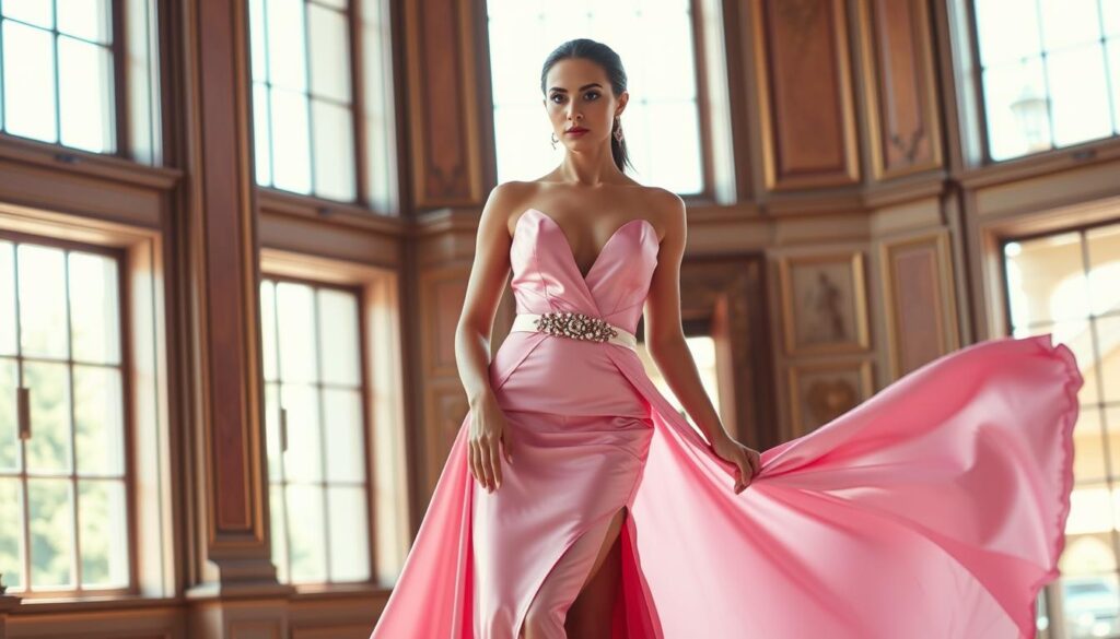 Elegant pink formal wear: A floor-length, form-fitting gown with a plunging neckline and a high slit, cascading in soft, lustrous satin. Cinched at the waist with a delicate, jewel-encrusted belt, the dress flows gracefully as the model moves, her posture poised and confident. Natural lighting filters in through tall windows, casting a warm, flattering glow on the ensemble. The model's makeup is subtle yet striking, her eyes accentuated with a smoky, sultry look, and her lips painted in a rich, velvety pink. The background is a luxurious, ornate interior, hinting at the glamour and sophistication of the occasion. Elegant pink formal wear: A floor-length, form-fitting gown with a plunging neckline and a high slit, cascading in soft, lustrous satin. Cinched at the waist with a delicate, jewel-encrusted belt, the dress flows gracefully as the model moves, her posture poised and confident. Natural lighting filters in through tall windows, casting a warm, flattering glow on the ensemble. The model's makeup is subtle yet striking, her eyes accentuated with a smoky, sultry look, and her lips painted in a rich, velvety pink. The background is a luxurious, ornate interior, hinting at the glamour and sophistication of the occasion.