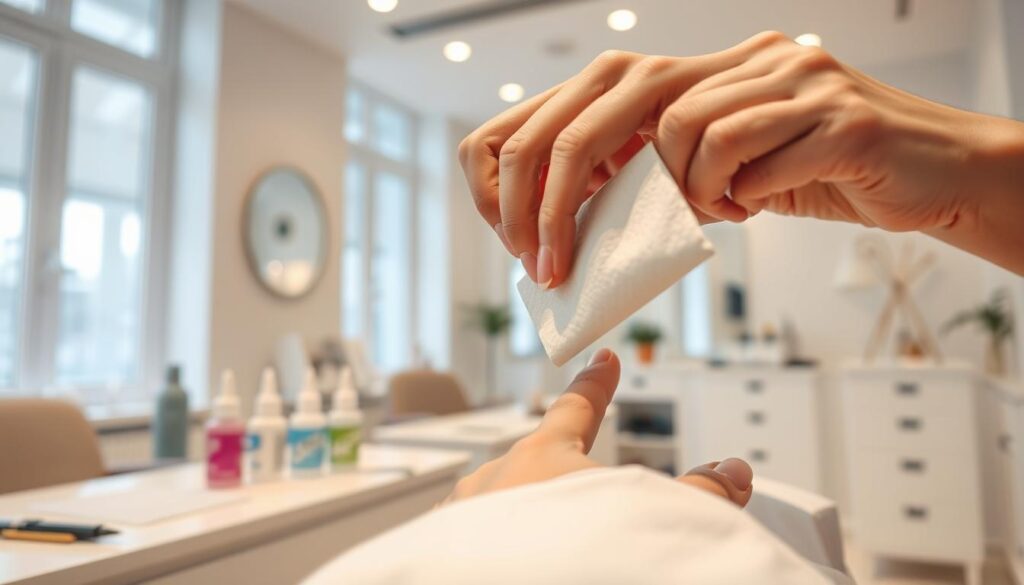 Intricate gel nail polish removal technique in a well-lit, professional manicure studio. Foreground depicts a skilled hand gently applying acetone-soaked cotton pads to carefully filing down gel nail polish. Midground showcases an array of nail care tools and solutions. Background features a clean, minimalist aesthetic with soft, natural lighting from large windows, accentuating the delicate process. Convey a sense of care, precision, and expertise required for safe gel polish removal without damaging the natural nails. Intricate gel nail polish removal technique in a well-lit, professional manicure studio. Foreground depicts a skilled hand gently applying acetone-soaked cotton pads to carefully filing down gel nail polish. Midground showcases an array of nail care tools and solutions. Background features a clean, minimalist aesthetic with soft, natural lighting from large windows, accentuating the delicate process. Convey a sense of care, precision, and expertise required for safe gel polish removal without damaging the natural nails.