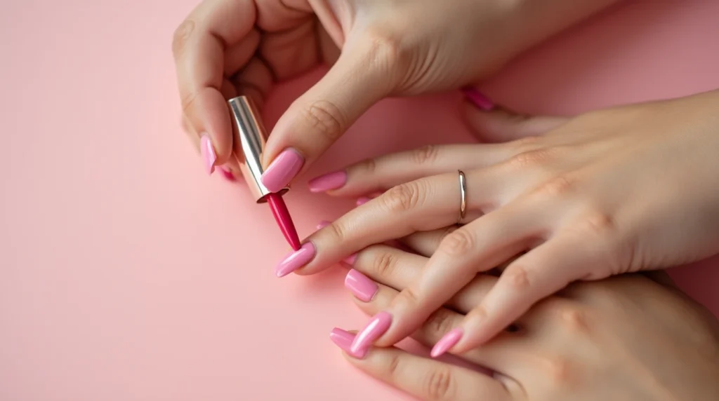 A bright, well-lit studio with a soft, diffused natural light shining through large windows. In the foreground, a manicured hand delicately applies a clear, glossy nail polish top coat to perfectly shaped and painted pink nails. The middle ground features an array of nail care tools, including a crystal nail file, cuticle pusher, and small bottles of nail treatment serums. In the background, a serene, minimalist vanity setup with a large mirror reflects the scene, emphasizing the importance of a dedicated nail care regimen. The overall mood is one of calm, concentrated attention to detail and self-care. Close-up of a woman’s perfectly manicured nails with pink nail polish, featuring a glossy, long-lasting finish and delicate nail art details