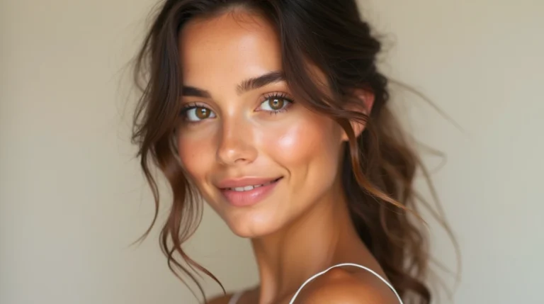 Close-up of a woman with a natural, glowing complexion, showcasing a fresh-faced no makeup look inspired by Sabrina Carpenter’s effortless beauty